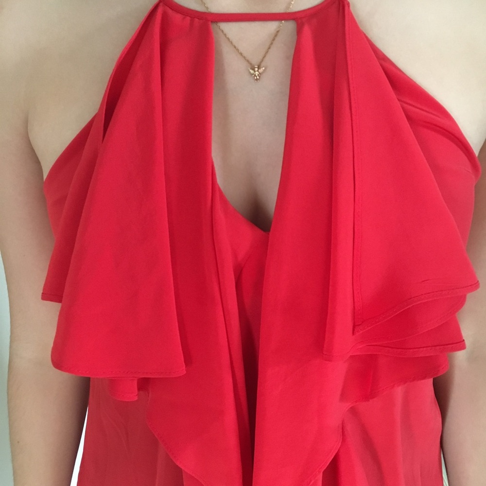 BCBG Max Azria Red Ruffle Sleeveless Keyhole Top - Picture 3 of 4